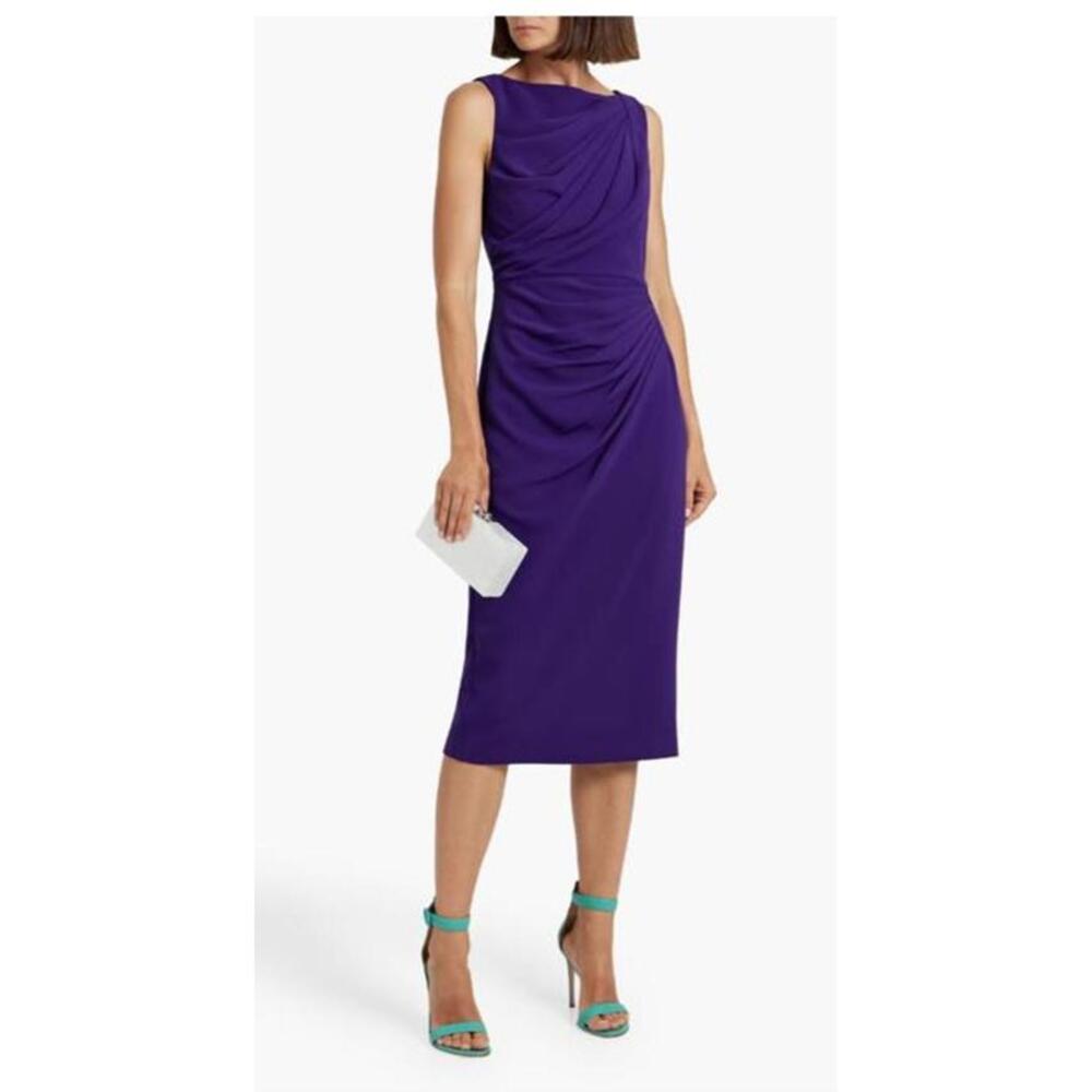 BADGLEY MISCHKA Draped Crepe Midi Dress sz 0 Purple Cap Sleeve Classy & Chic